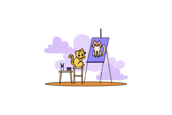 Cat Icon Cute Paint Color Outline