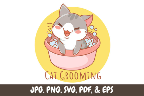 Cute Grooming Cat Pet Care Cartoon Logo